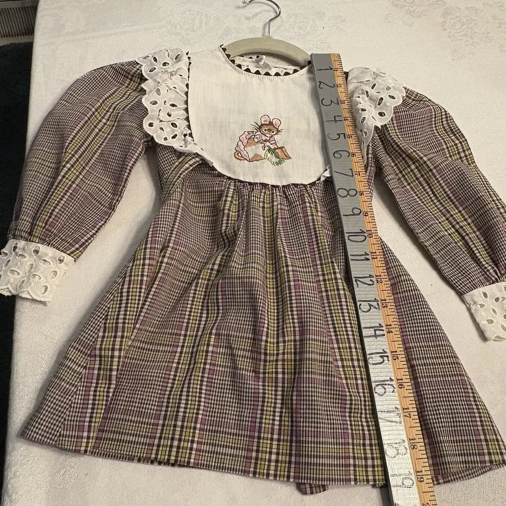 Girls VTG Dress Sz 5 Embroidered Mouse Lace‎ Collar Sleeves Gingham Print Tie